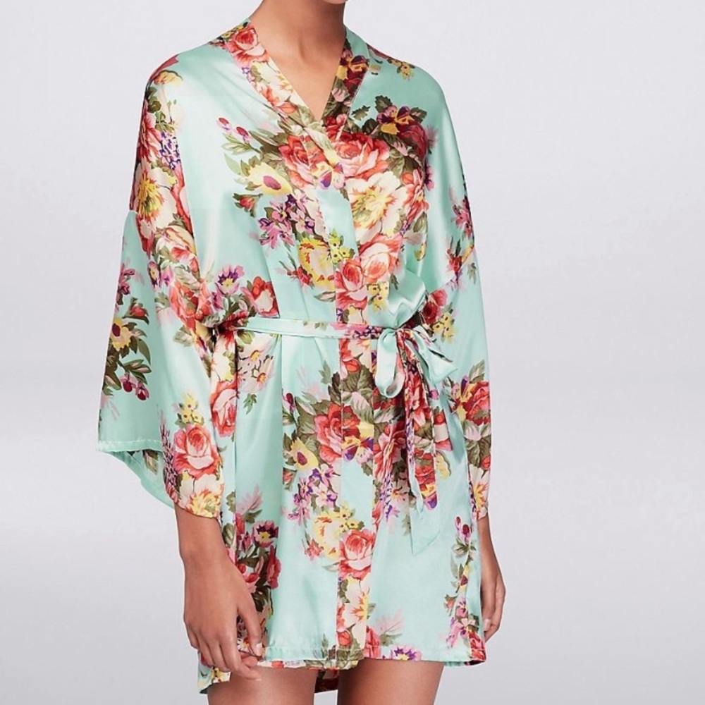 Floral Aqua Satin Robe - One Size